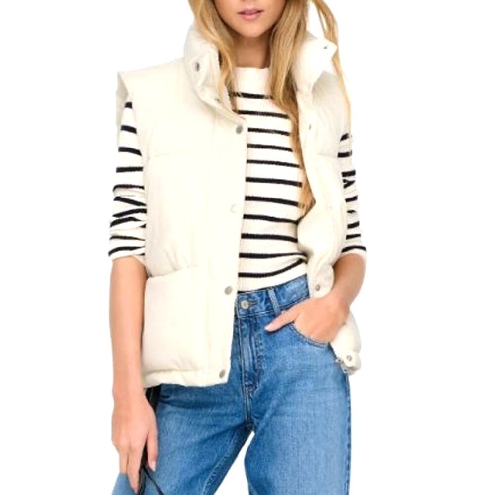 Women’s Beige Puffer Button-Up Midi Vest Regular Sleeveless Pockets Size L
